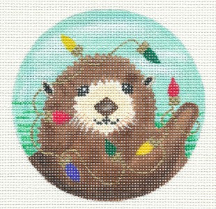 Christmas Animal Round ~ Christmas Sea Otter with Lights 4" handpainted 18 mesh Needlepoint Canvas by Amanda Lawford