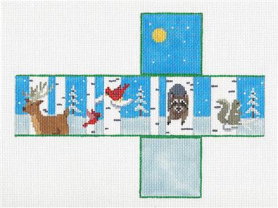 Christmas CUBE ~ Birch Tree Neighbors 3-D CUBE Forest Friends 18 mesh handpainted Needlepoint Canvas by Susan Roberts