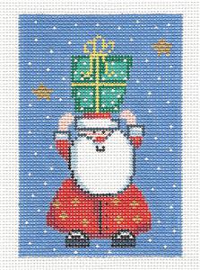 Christmas ~ Santa With a Christmas Gift handpainted Needlepoint Ornament Canvas LEE