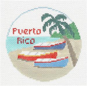 Travel Round ~ PUERTO RICO Island handpainted Needlepoint Canvas by Kathy Schenkel RD.