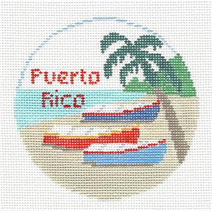 Travel Round ~ PUERTO RICO Island handpainted 18 Mesh 4" Rd. Needlepoint Canvas by Kathy Schenkel
