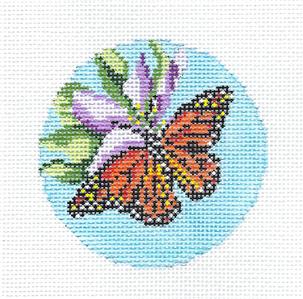 Butterfly Canvas ~ Monarch Butterfly on Flowers 3" Rd. handpaint Needlepoint Canvas Needle Crossings