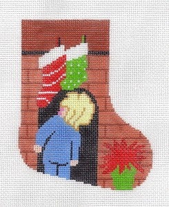 Mini Stocking ~ "Where's Santa" Little BOY Mini Stocking handpainted Christmas Needlepoint Canvas by LEE