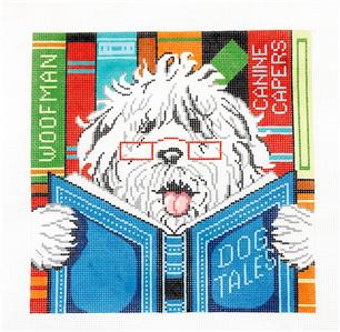 Dog Canvas ~ "Dog Tales" Sheepdog Reading handpainted Large Needlepoint Canvas by LEE