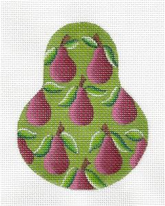 Kelly Clark Pear ~ Plum Bartlett Pears on Green handpainted Needlepoint Canvas Ornament