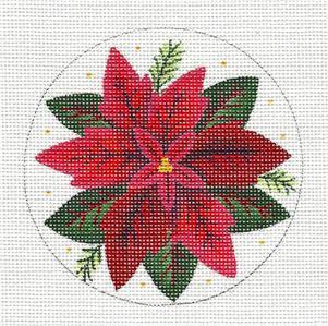Christmas Round ~ Red Poinsettia Blossom Ornament handpainted Needlepoint Canvas by Rebecca Wood