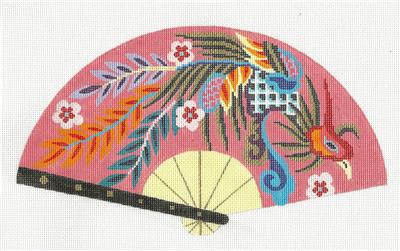 Oriental Fan ~ Majestic Oriental PHOENIX BIRD Fan handpainted Needlepoint Canvas **RETIRED** by LEE