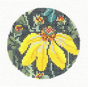 Round ~ 3" Yellow Echinacea Flower Needlepoint Ornament or Insert handpainted by Whimsy & grace