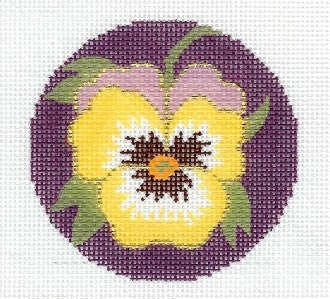 Round ~ Elegant Purple & Yellow Pansy handpainted Needlepoint Canvas Ornament 3" Rd. by LEE