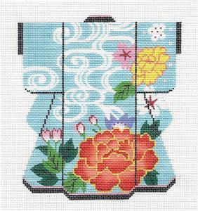 Kimono~ LEE Orange Peony on Blue MED. Kimono handpainted Needlepoint Canvas