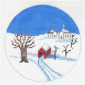 Travel Round ~ VERMONT Winter Scene handpainted 4" Needlepoint Canvas by Painted Pony