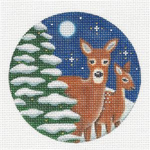 Round ~ 2 Deer in Pine Trees & Snow in the Moonlight handpainted 4" Needlepoint Canvas by Rebecca Wood