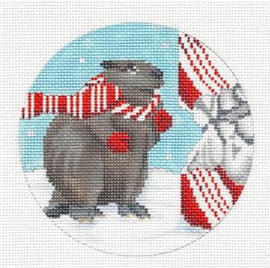 Round ~ "Beaver Eating his Candy Cane" Handpainted Needlepoint canvas Scott Church