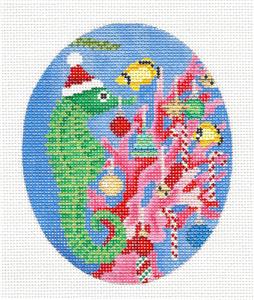 Oval ~ Seahorse Decorating Christmas Coral handpainted Needlepoint Canvas by Scott Church