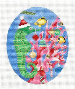 Oval ~ Seahorse Decorating His Coral Christmas Tree handpainted 18 Mesh Needlepoint Canvas by Scott Church