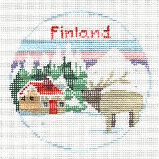 Travel Round ~ Country of Finland 4" Rd. 18 mesh handpainted Needlepoint Ornament Canvas by Kathy Schenkel