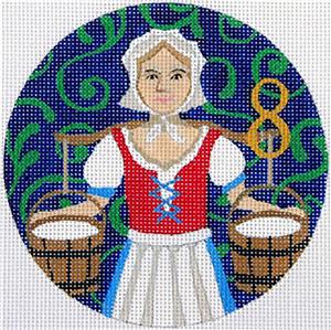 12 Days of Christmas 8 Maids Milking with STITCH GUIDE & handpainted Needlepoint Ornament Canvas by Juliemar