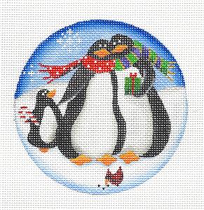 Round ~ Happy Penguin Family of 3 handpainted Needlepoint Canvas by Rebecca Wood