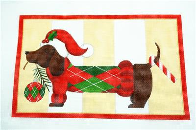 Dog Canvas ~ Dachshund ~ Christmas "Doxie" All Dressed Up  handpainted Needlepoint Canvas by Raymond Crawford