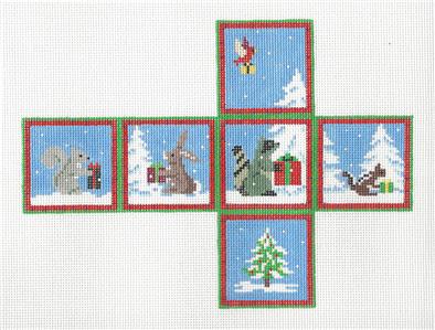 Christmas Cube ~ Forest Friends with Gifts 3-D CUBE handpainted 18 Mesh Needlepoint Canvas by Susan Roberts