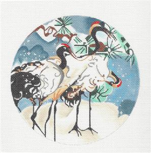 Three Japanese Snow Cranes handpainted 6.25" Rd. Needlepoint Canvas by Joy Juarez