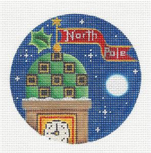 Christmas Round ~ North Pole Clock Tower Ornament handpainted Needlepoint Canvas Rebecca Wood