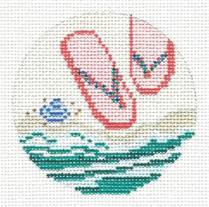 Round~3" Flip Flops on the Beach Ornament handpainted Needlepoint Needle Crossings
