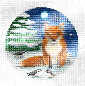 Fox canvas ~ Winter Red Fox & Chickadees Ornament handpainted Needlepoint Canvas by Rebecca Wood