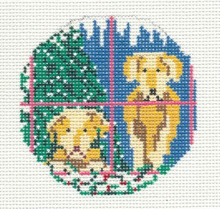 Dog Round ~ 2 Yellow Lab Dogs Ornament 13 mesh handpainted 3" Needlepoint Canvas Needle Crossings