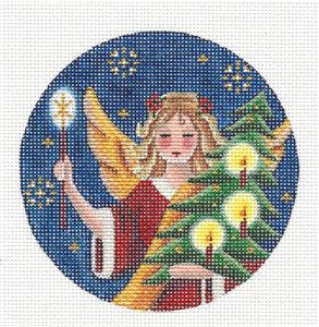 Christmas Round ~ Christmas Angel Lighting Candles Ornament handpainted Needlepoint Canvas by Rebecca Wood