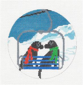 Dog Round ~ Ski Lift LOVE 2 Labrador Dogs Handpainted Needlepoint Canvas by Liora Manne
