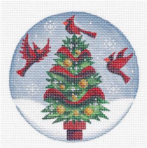 Christmas Round ~ Cardinal's Christmas Tree Ornament handpaint Needlepoint Canvas by Rebecca Wood
