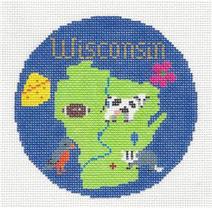Travel Round ~ WISCONSIN State handpainted 4.25" Needlepoint Canvas Ornament by Silver Needle