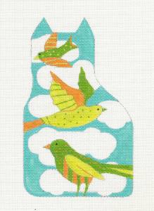Cat Canvas ~ Birds on an Aqua Cat Sculpture handpainted Needlepoint Canvas by Melissa Shirley *FINAL*