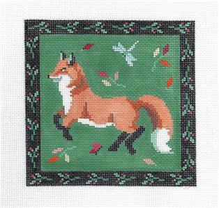 Fox Canvas ~ Folk Art Red Fox with Floral Border handpainted Needlepoint Canvas by Susan Roberts