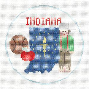 Travel Round ~ STATE of  INDIANA handpainted 18 Mesh 4" Rd. Needlepoint Ornament Canvas by Kathy Schenkel