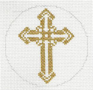 Cross ~ Elegant 3" Rd. Metallic Gold CROSS handpainted Needlepoint Canvas by LEE