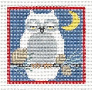 Canvas ~ SNOWY OWL with Moon handpainted Needlepoint Canvas 4.15" Square Kathy Schenkel