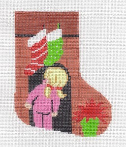 Mini Stocking ~ "Where's Santa" Little GIRL Mini Stocking handpainted Needlepoint Canvas by LEE