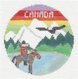 Travel Round ~ Canada Canadian Rockies handpainted Needlepoint Canvas by Kathy Schenkel
