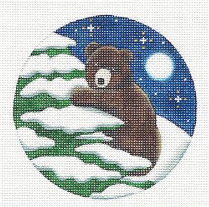 Round ~ Bear Cub in a Tree in Moonlight Ornament handpainted Needlepoint Canvas by Rebecca Wood