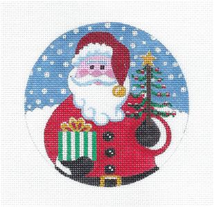 Round~Santa with Gift & Tree handpainted Needlepoint Canvas 4.5" Ornament by Juliemar *SPECIAL ORDER*