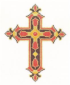 Cross ~ Elegant 7" Tall Red & Gold CROSS handpainted 13 Mesh Needlepoint Canvas by LEE