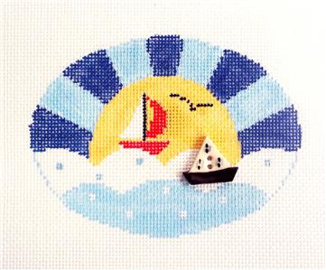 Sports Oval ~ Sail Away with Sailboat & Pottery Charm Needlepoint Canvas Oval Ornament Kathy Schenkel