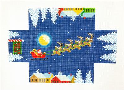 Brick Cover ~ Santa Over the Rooftops Brick Cover Door Stop HP Needlepoint Canvas Susan Roberts