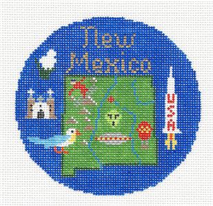 Travel Round ~ NEW MEXICO State handpainted 4.25" Needlepoint Canvas Ornament by Silver Needle