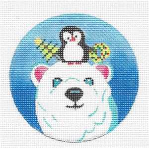 Round ~ Penguin & Polar Bear handpainted Needlepoint Ornament by Kamala from Juliemar