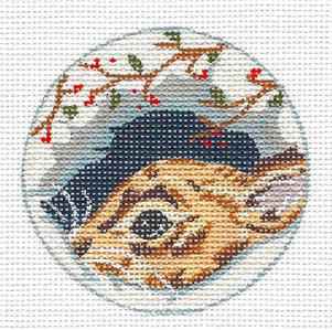 Round ~ Bunny Rabbit in Winter 3" Round. handpainted Needlepoint Ornament by Kamala from Juliemar