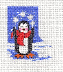 Mini Stocking ~  Juggling Penguin Mini Stocking handpainted Needlepoint Canvas Ornament by LEE