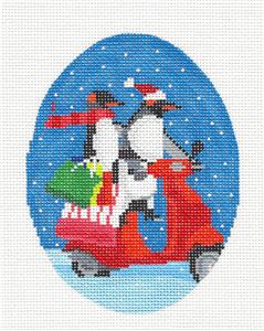 Christmas Oval ~ Christmas Penguins on a Scooter handpainted Oval Needlepoint Canvas Scott Church